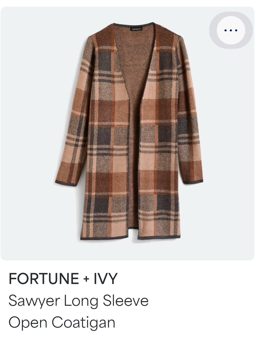 Fortune + Ivy Sawyer Long Sleeve Open Coatigan in Brown Plaid